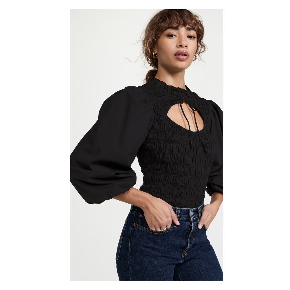 Love The Label Anthropologie Black Smocked Puff Sleeve Blouse Sz.S NWT